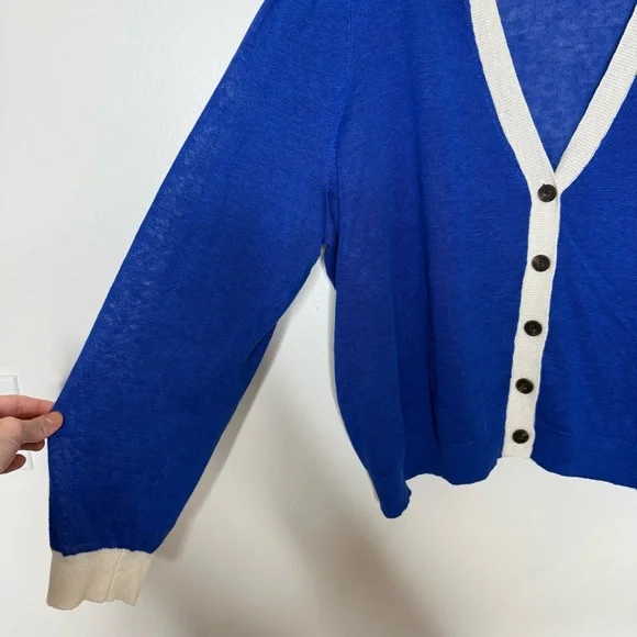 Boden Liv Linen Cardigan in bright blue with white bordering varsity size XL - Picture 11 of 12